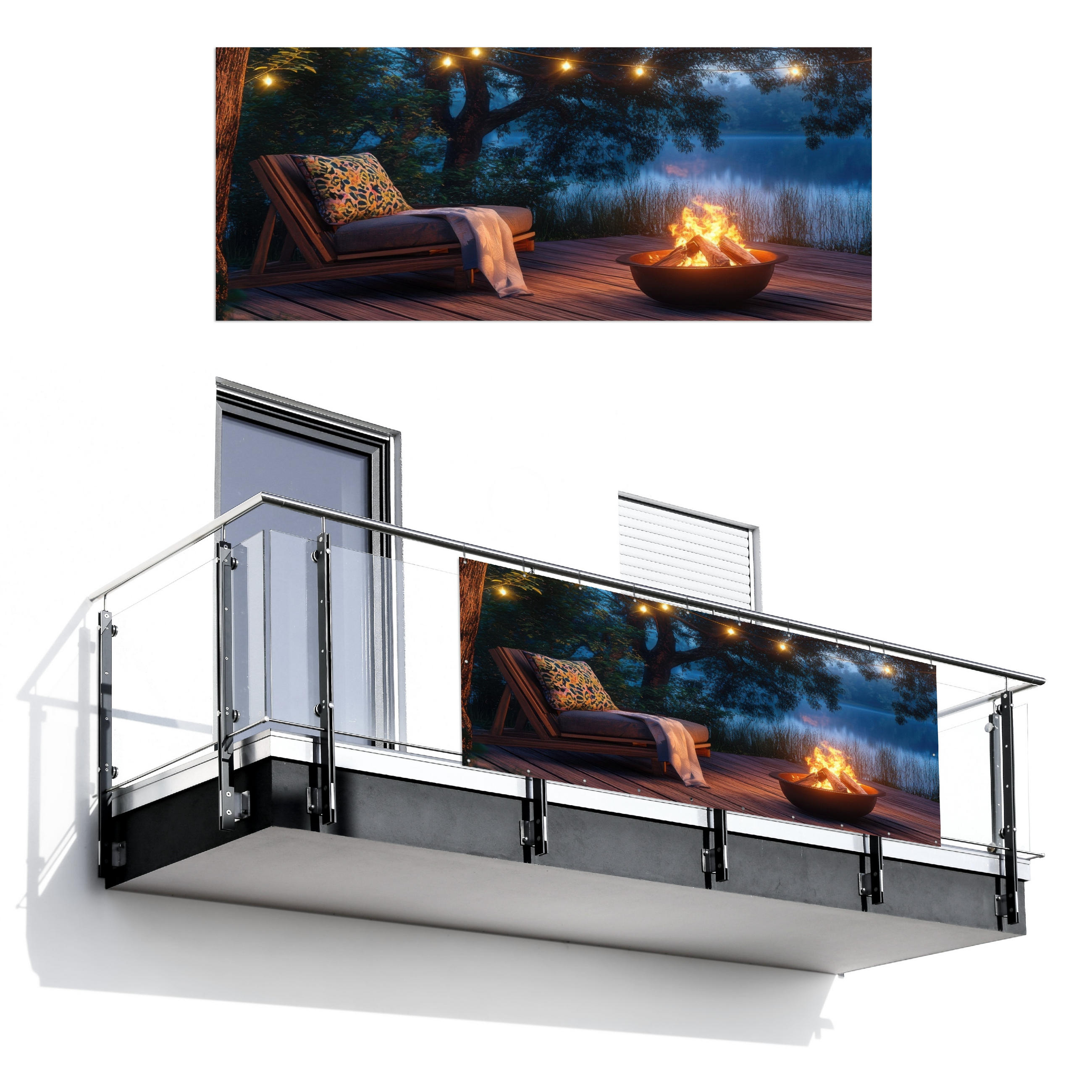 BALKON-SICHTSCHUTZ Lagerfeuer - See - Abendlicht - Dunkelblau, Kunststoff (300/130cm) - MuchoWow