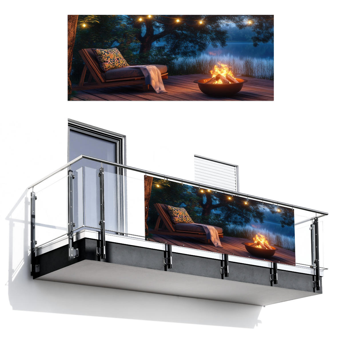 BALKON-SICHTSCHUTZ Lagerfeuer - See - Abendlicht - Dunkelblau, Kunststoff (300/130cm) - MuchoWow