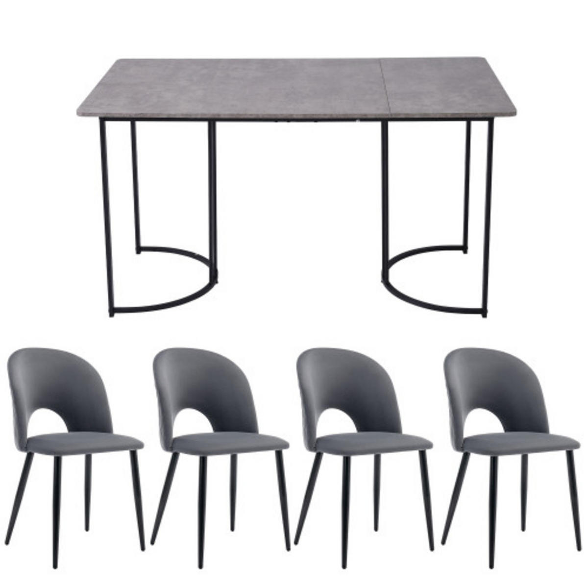 ESSGRUPPE 5-teilig mit grauem Marmor-Optik-Tisch 140x80 und vier grauen Samtstühlen als Küchentischset, grau-schwarz - Schwarz, Textil (80/75/140cm) - Luhomfu