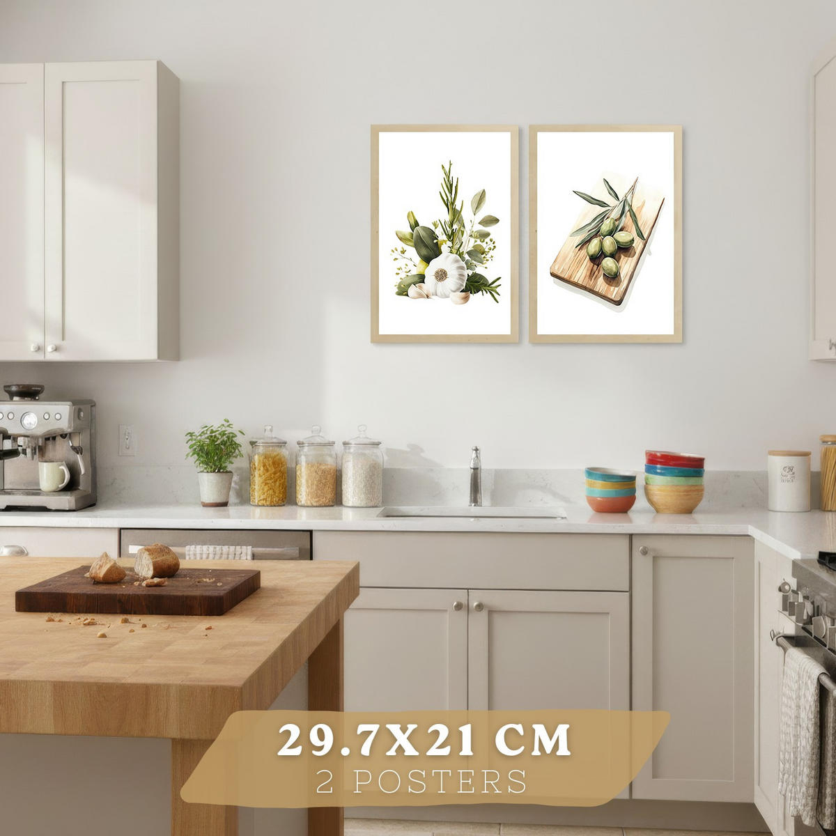PLAKAT Sada 2 Vintage olivy A4 Lehký dřevěný rám - béžová, papír (29.7/1/21cm) - Nacnic