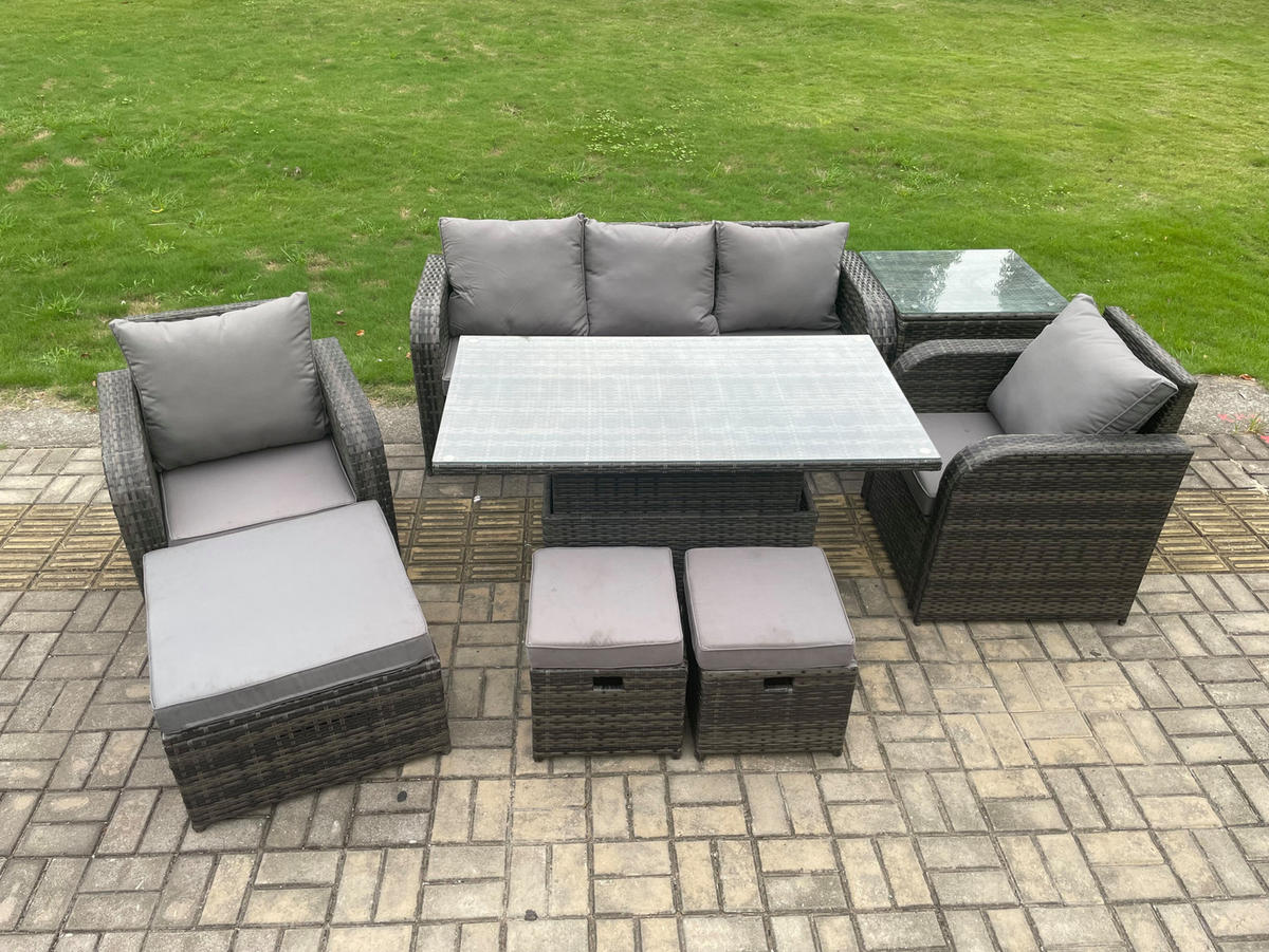 GARTENMÖBEL-SET HÖHENVERSTELLBARER ESSTISCH LOUNGE-SOFA HOCKER Polyrattan Outdoor 8-Sitzer - Dunkelgrau/Grau, Glas/Kunststoff - Fimous
