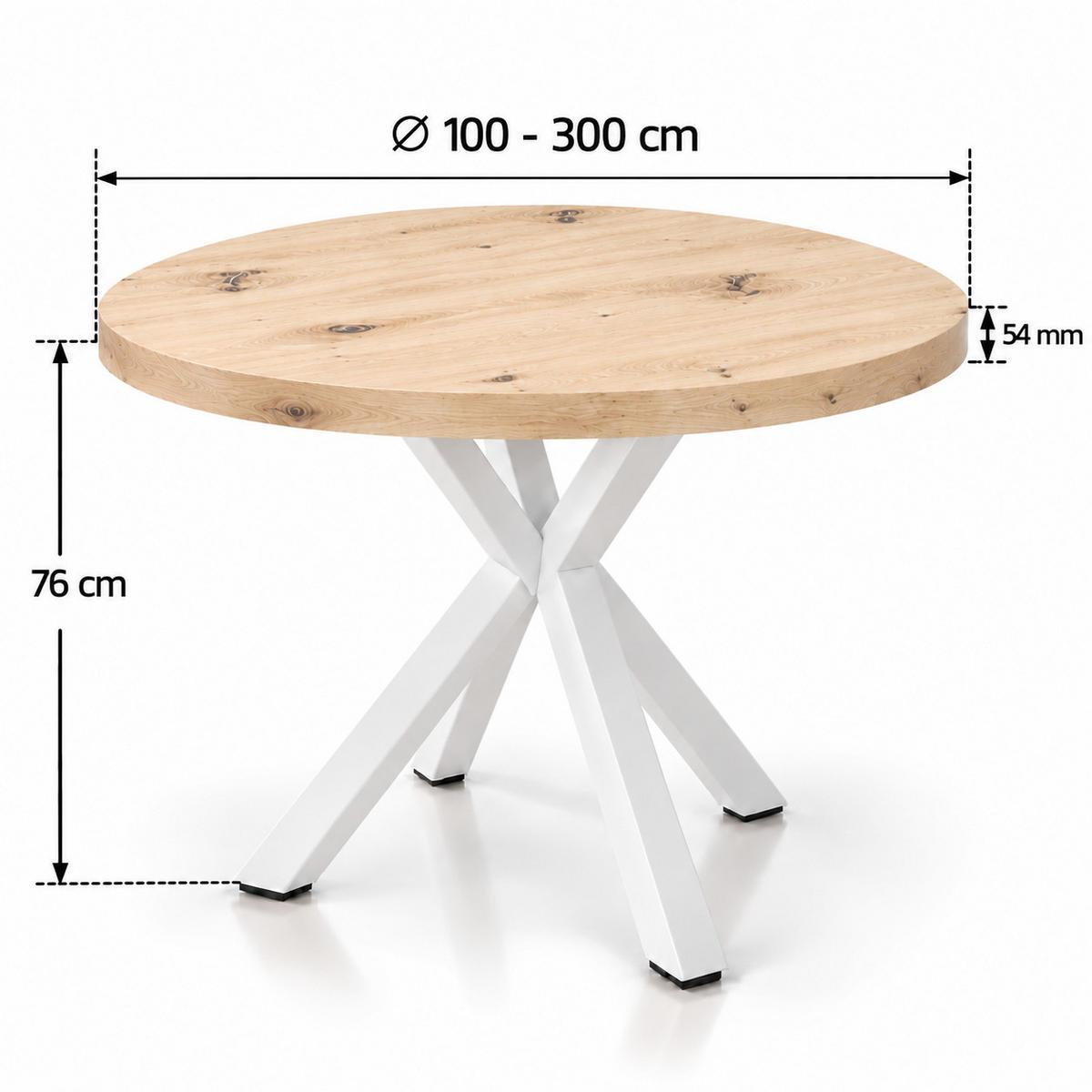 ESSTISCH rund ausziehbar 100-300/100/76 cm, Eiche Artisan, 54 cm Tischplatte + X Metallbeine Weiß - Weiß/Eiche Artisan, Holzwerkstoff/Metall (100/100/76cm) - Damale Möbel