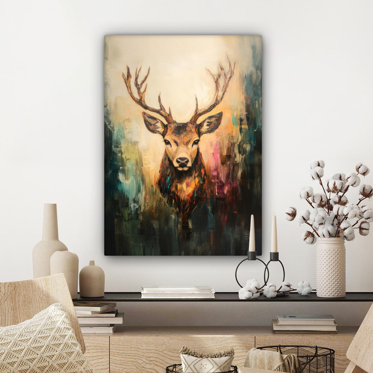 LEINWANDBILD Hirsch - Gemalt - Geweih - Braun 60x80 cm - Haselnussfarben, Textil (60/80cm) - MuchoWow