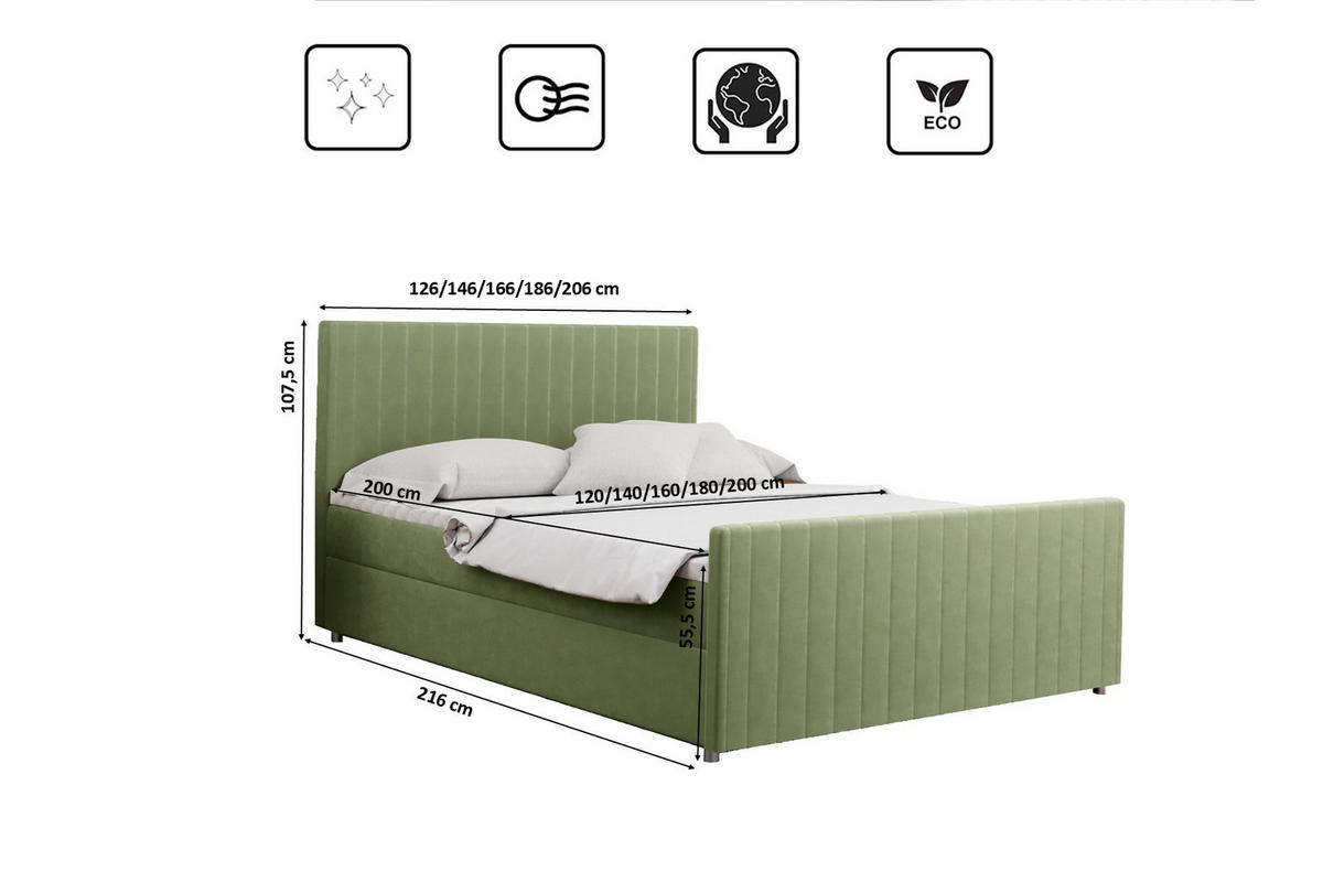 BOXBETT mit Bettkasten Matratze Topper LATINO stoff Velvet 200x200 cm Hellgrün H2-Pocket - Hellgrün, Holz/Holzwerkstoff (200/200cm) - Kaiser Möbel