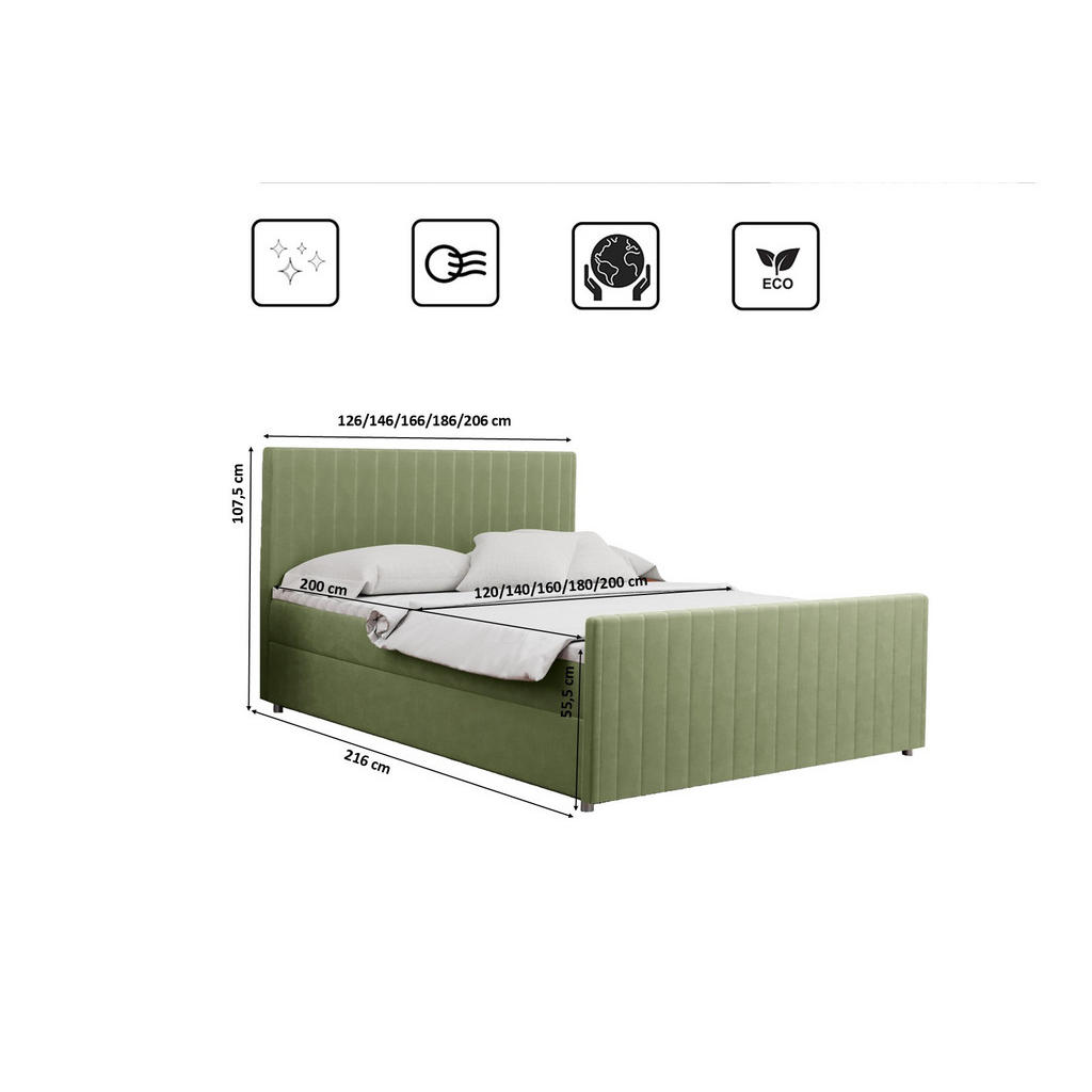 Thumbnail - Kaiser Möbel Boxbett, Hellgrün, Textil, 2 Schubladen, H3, Höhe ca. 20 cm, einzeln stellbar,Rechteckig, 180x200 cm, Schla...