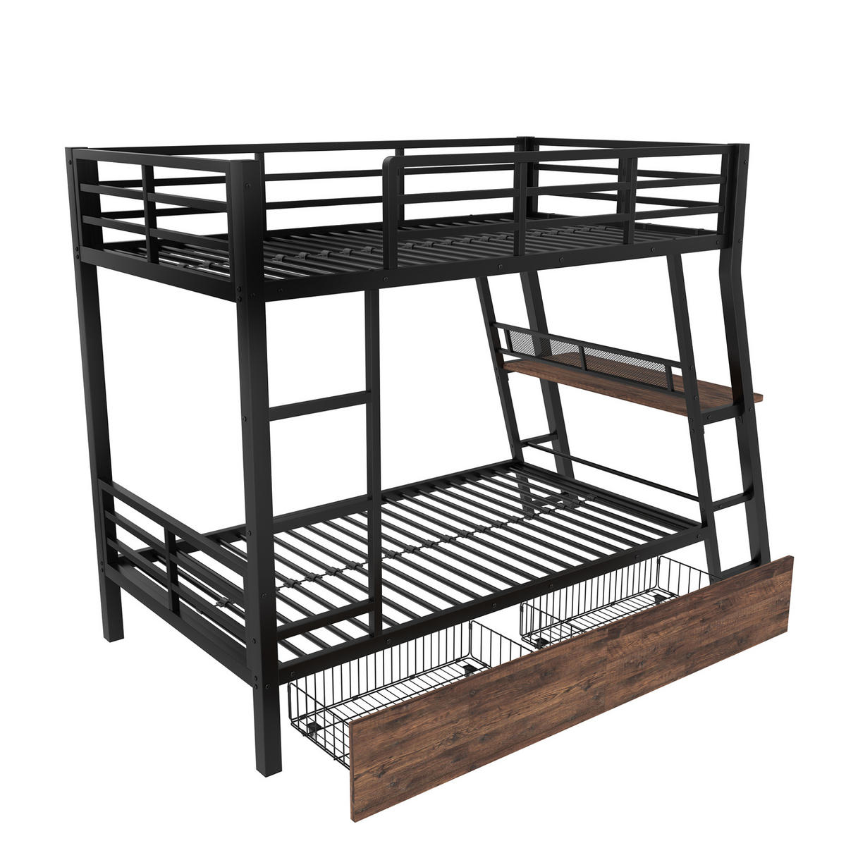 HOCHBETT mit Schreibtisch 90/200 cm in Schwarz mit LED-Leiste und 2 Schubladen - Schwarz, Metall (90/200cm) - BEAOK