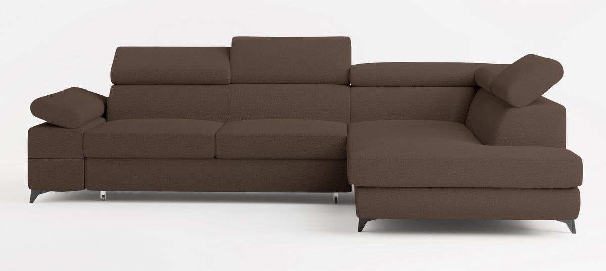 ECKSOFA FAVIEN R-S Braun Boucle-Stoff mit Schlaffunktion - Braun, Holz (257/190cm) - MASSENO
