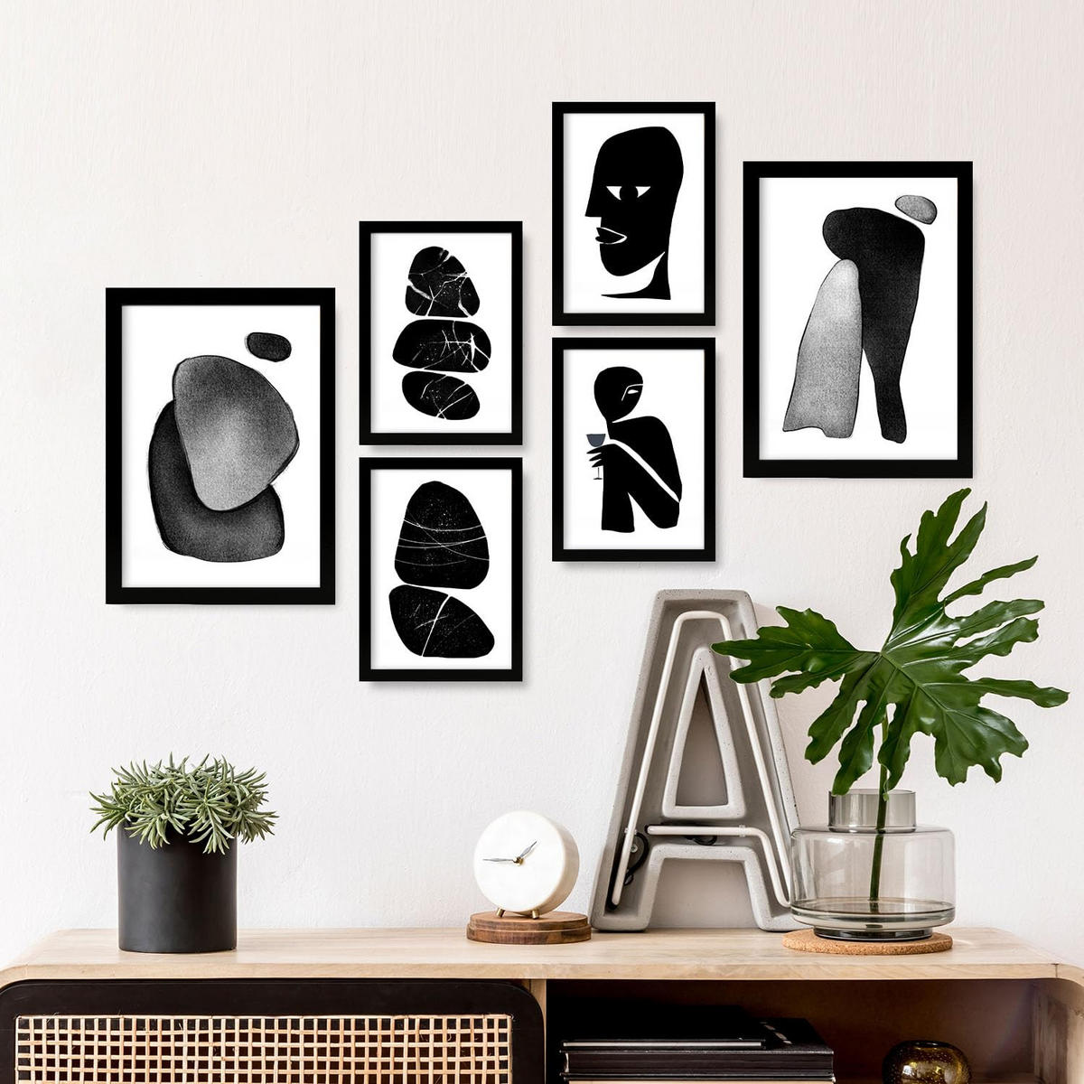 POSTER Set Mit 6 Datenlose Köpfe In Liebhaber Abstrakt Ästhetische Dekorative Gemälde Für Ihr Wohnzimmer Schlafzimmer Zuhause A3 & A4 Schwarzer Rahmen - Schwarz, Papier (29/3cm) - Nacnic