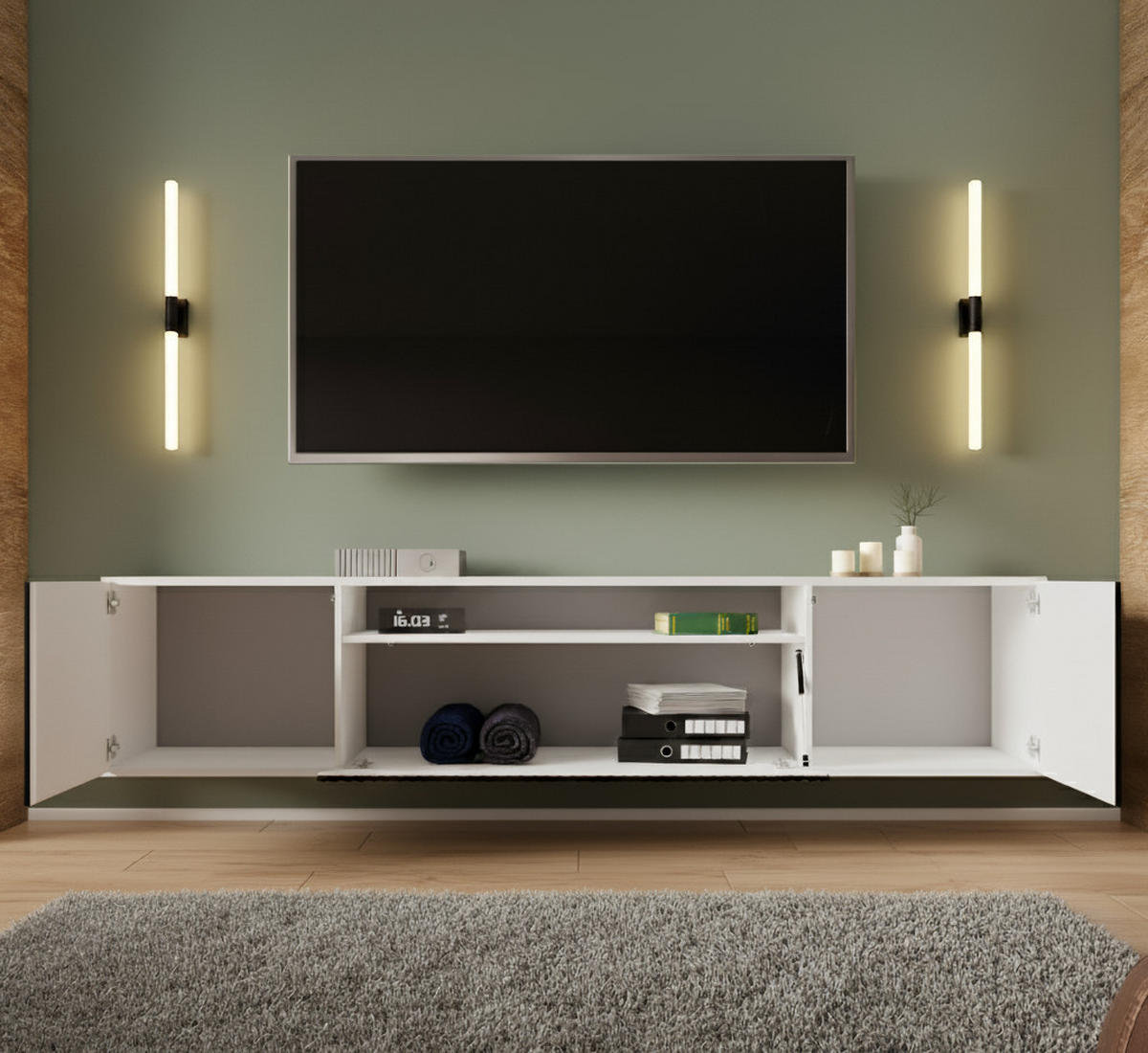 LOWBOARD Noa, Hängender TV-Schrank mit Push-to-Open System, schwarz+eiche Catania - Eichefarben/Schwarz, Holzwerkstoff (200/41/40cm) - AN-Moebel 4u