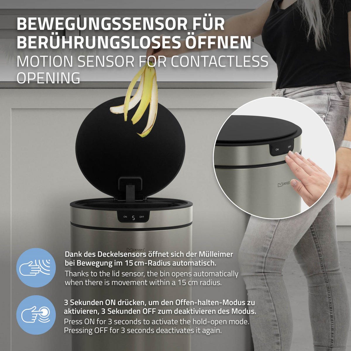 MÜLLEIMER mit Sensor 30L rund aus Edelstahl Silber - Silberfarben, Metall (29/52/29cm) - ML-DESIGN