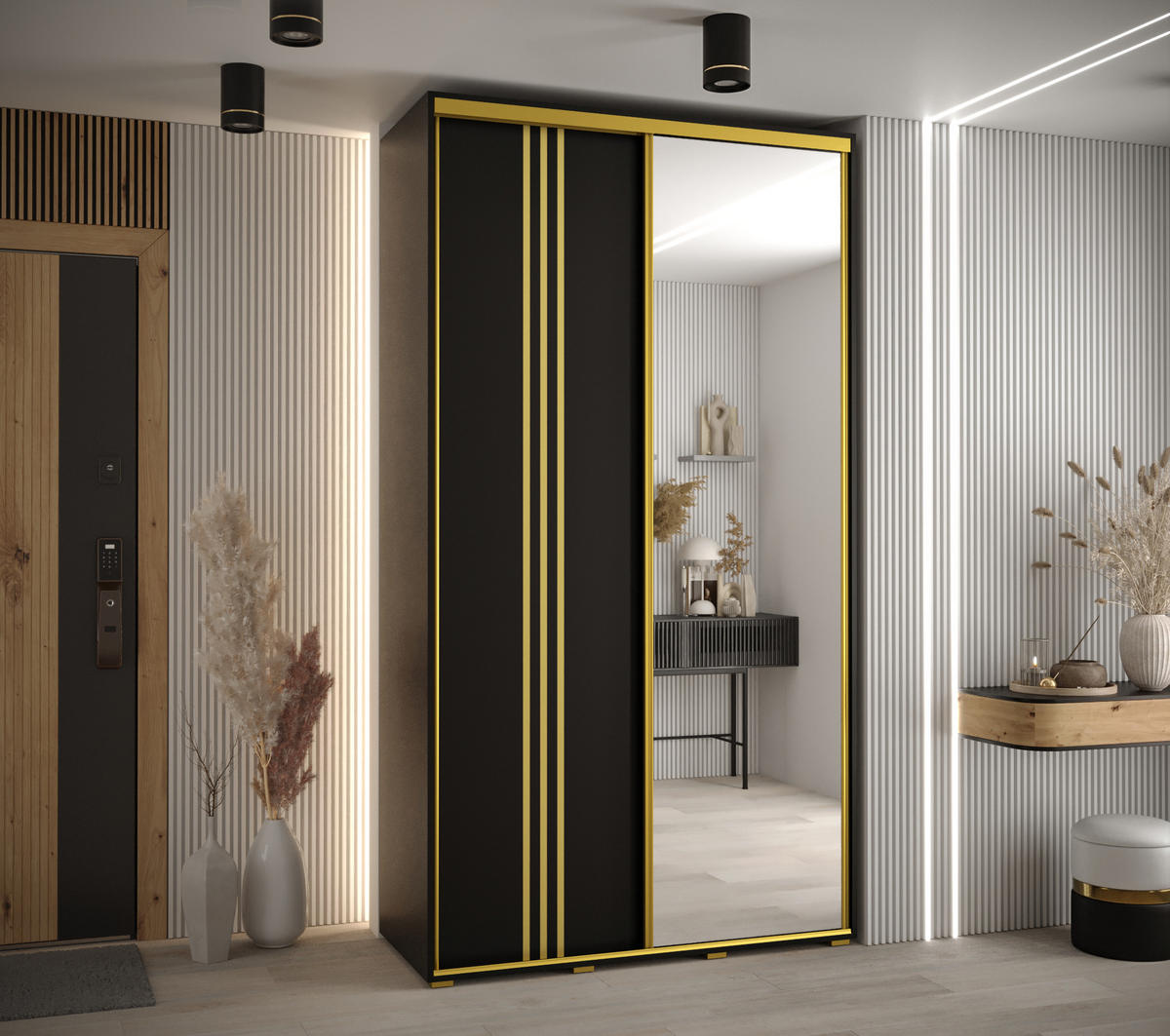 SCHWEBETÜRENSCHRANK 235,2/130/60 2-türig - Goldfarben/Schwarz, Holz/Metall (130/235/60cm) - Abiks Möbel