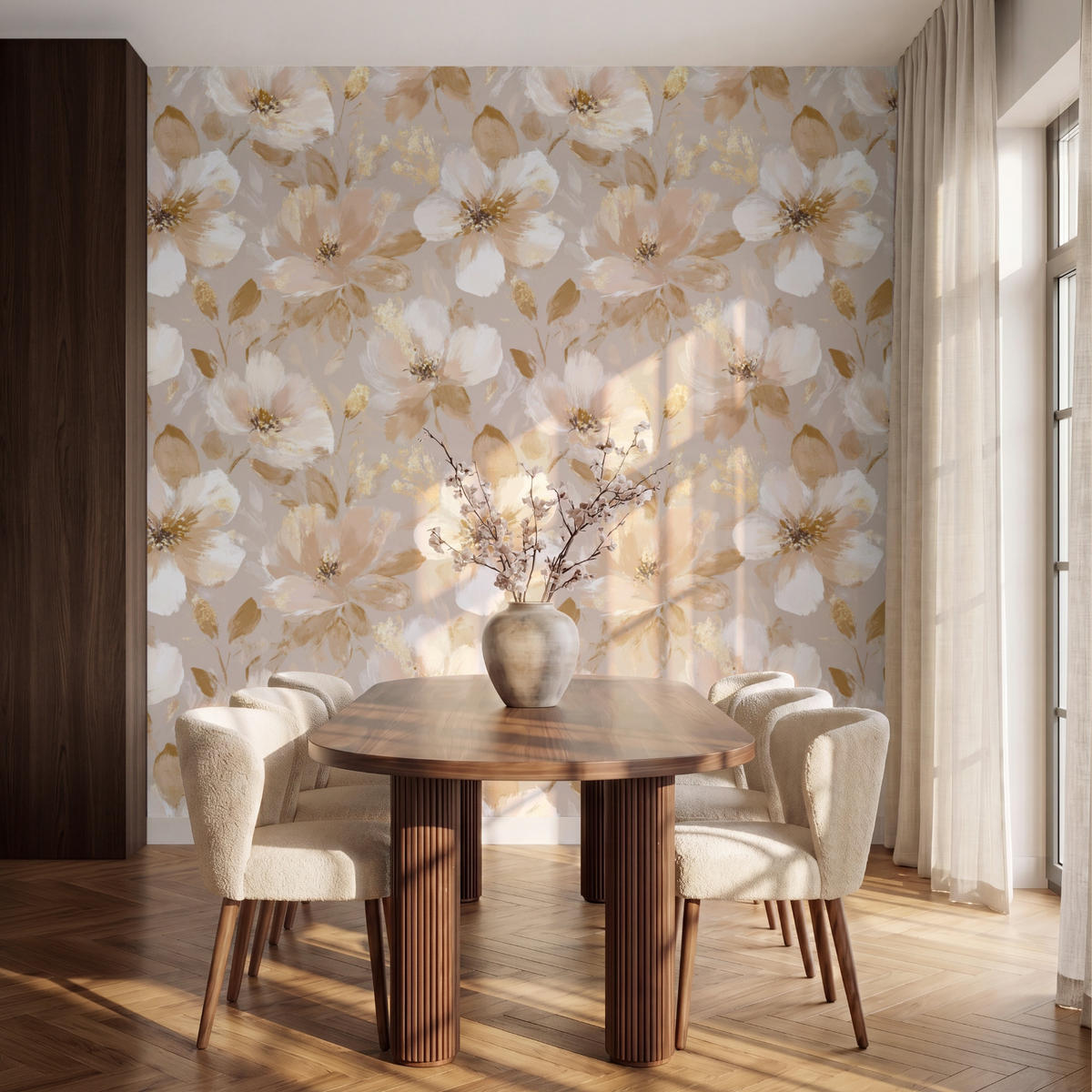 TAPETE - Blumen - künstlerisch - Gold - 240x240 cm - Beige, Papier (240/240cm) - OnlyWow