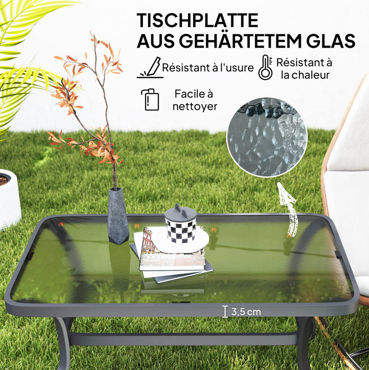 GARTENTISCH aus Metall 95x55x46 cm Schwarz mit Hartglasplatte - Naturfarben, Metall (95/55/46cm) - Modfu