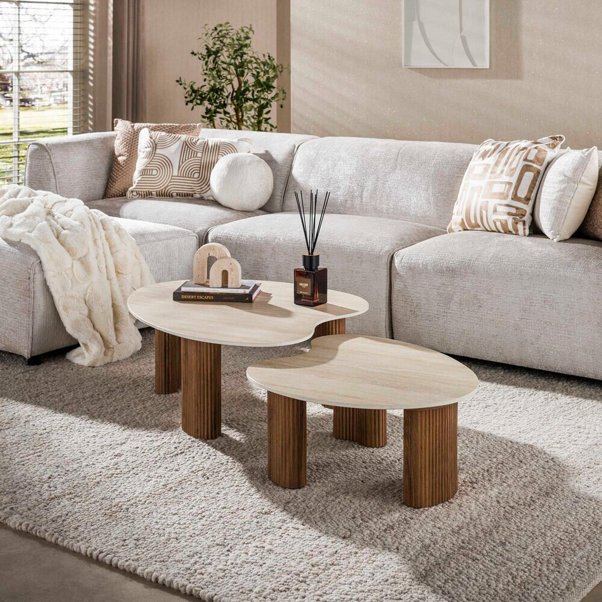 COUCHTISCH Set CERAMO APERTO 2-tlg. organisches Design-Set mit 3D-Keramikplatte - Hellbraun/Beige, Keramik (102/80/35cm) - alesvelt