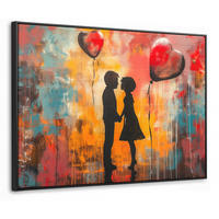 LEINWAND Bilder mit Rahmen - Straßenkunst - Liebe - Graffiti - Kunst - Banksy - 100x70 - Orange, Textil (100/70cm) - MuchoWow