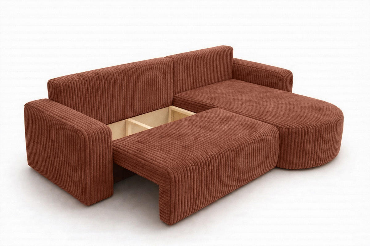 ECKSOFA Mit Schlaffunktion, Cordstoff Tilia, Kupfer, Rechts, ROUND ONE XL - Orange, Holz (271/175cm) - Kaiser Möbel