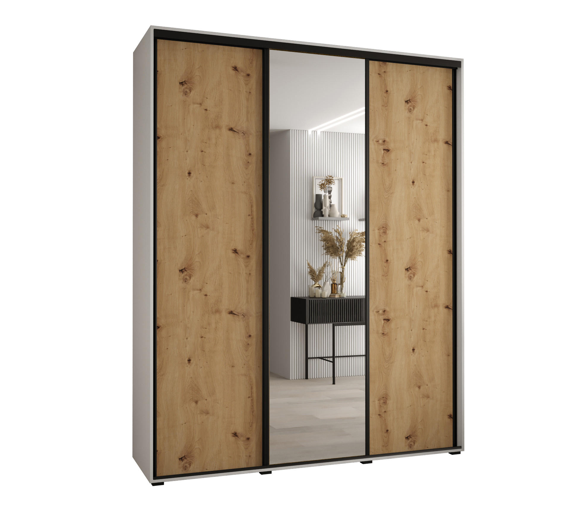 Abiks Möbel Schwebetürenschrank Weiß, Eiche Artisan, Schwarz 200x235x45 cm