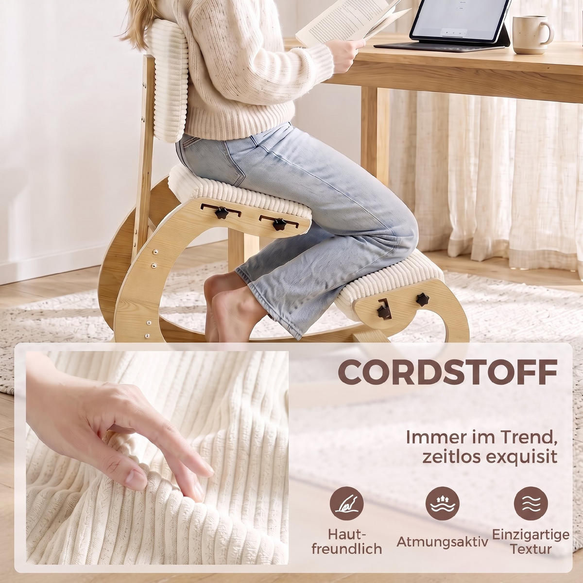 KNIESTUHL Cord Birken-Sperrholz Cremeweiß - Creme, Textil (54/86/98cm) - HOMCOM