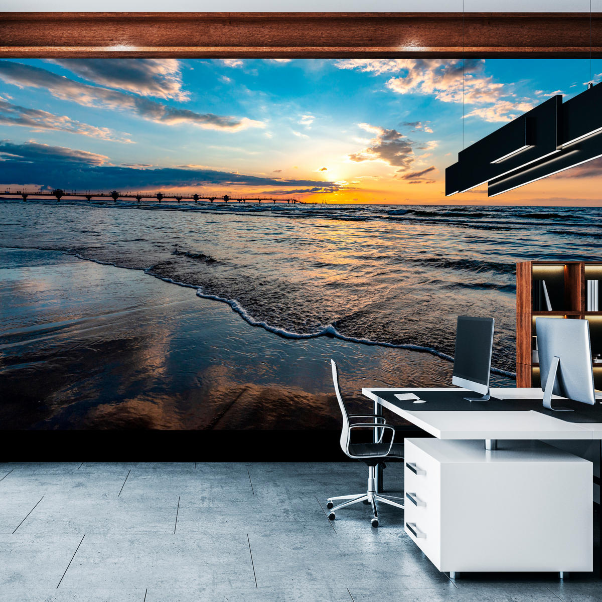FOTOTAPETE für Wohnzimmer Sonnenuntergang Pier Romantik Meer 400x280 - Blau/Gelb, Papier (400/280cm) - Muralo