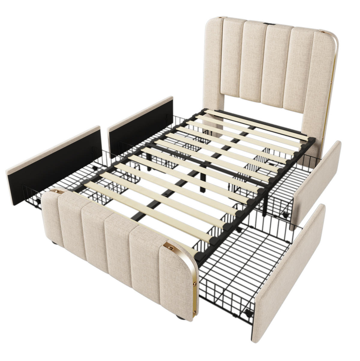 POLSTERBETT 90/200 cm in Beige mit 4 Schubladen und USB- und Type-C-Anschlüssen - Beige, Textil (90/200cm) - Flora Grace