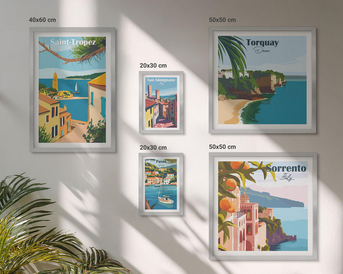 WANDBILDER 5er Set - 50x50 cm & 20x30 cm & 40x60 cm Silberner Rahmen - Retro-Illustrationen von Weltstädten - Silberfarben, Kunststoff (40/60cm) - ArtPrintCave