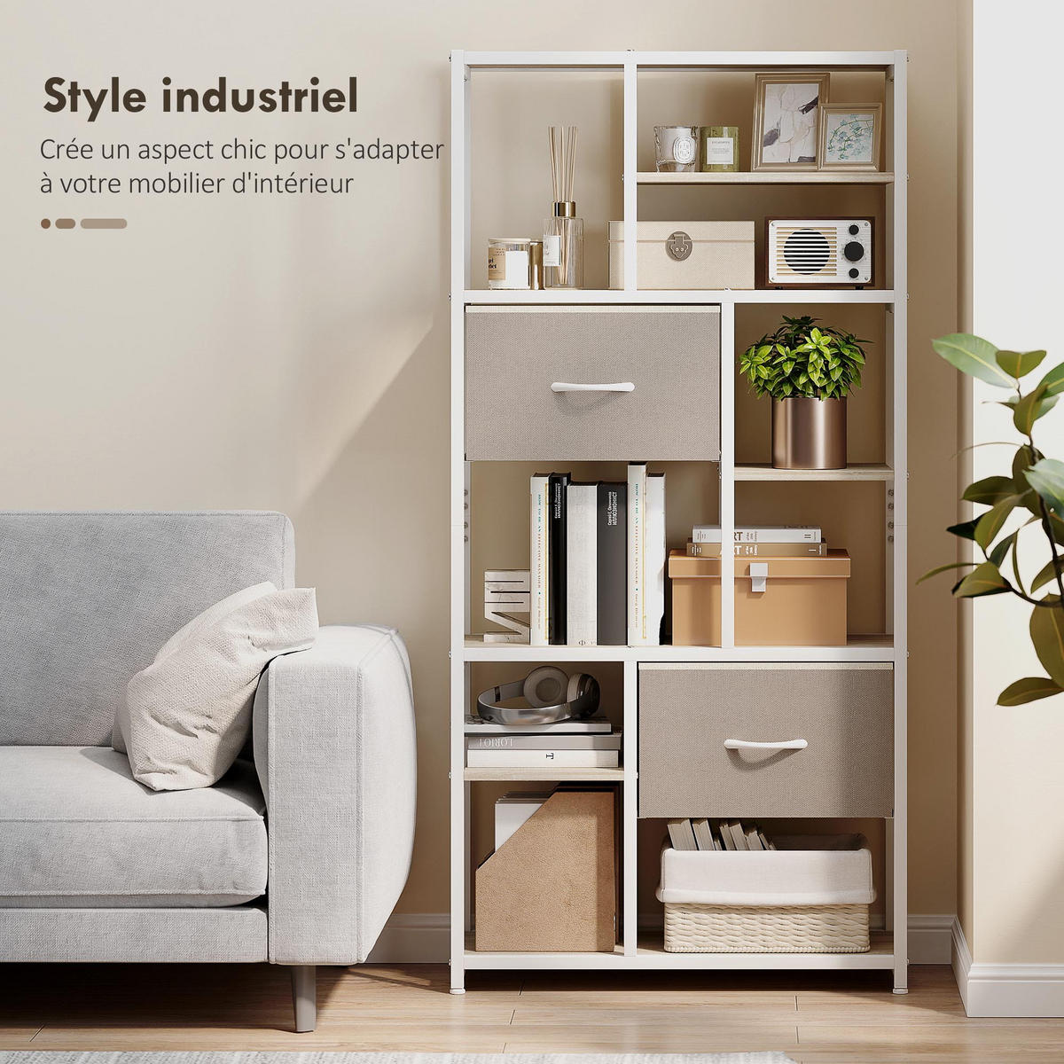 REGAL DE-15550 72,5/30/150 cm, 6 Ebenen mit 2 Stoffschubladen Weiß - Eichefarben, Metall (72.5/150/30cm) - ComfortXL
