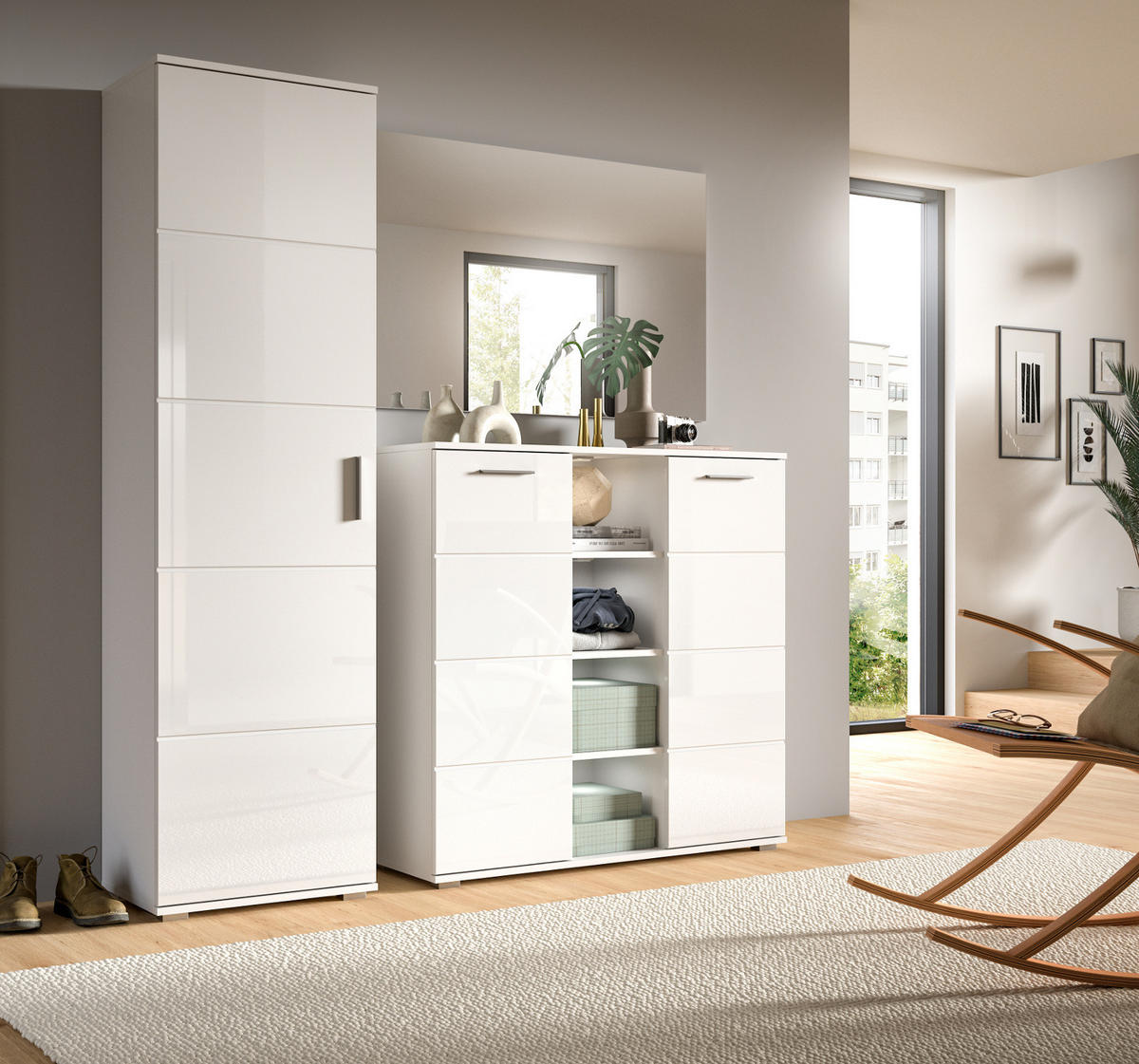 GARDEROBE Set 3-teilig weiß Hochglanz 180 cm, Kombination mit 13 Fächern - Weiß Hochglanz/Silberfarben, Glas/Holzwerkstoff (180/191/37cm) - Inn.Furn