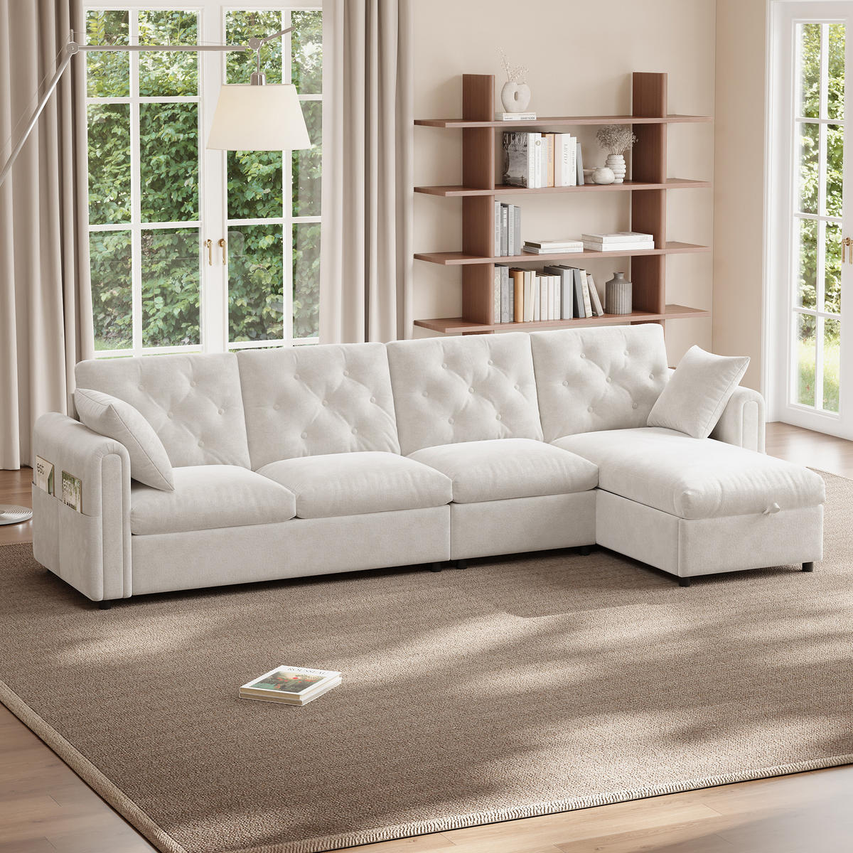 SOFA Beige L-Form Samt Stauraum Armlehne 281cm Knopfheftung - Beige, Textil (132/86/281cm) - FLIEKS