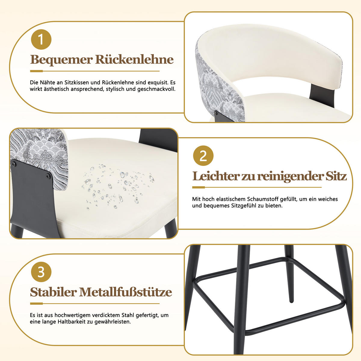 BARHOCKER DE-36674 2er Set mit PU-Bezug und Metallgestell Creme - Creme, Metall (47/94.5/46cm) - ComfortXL