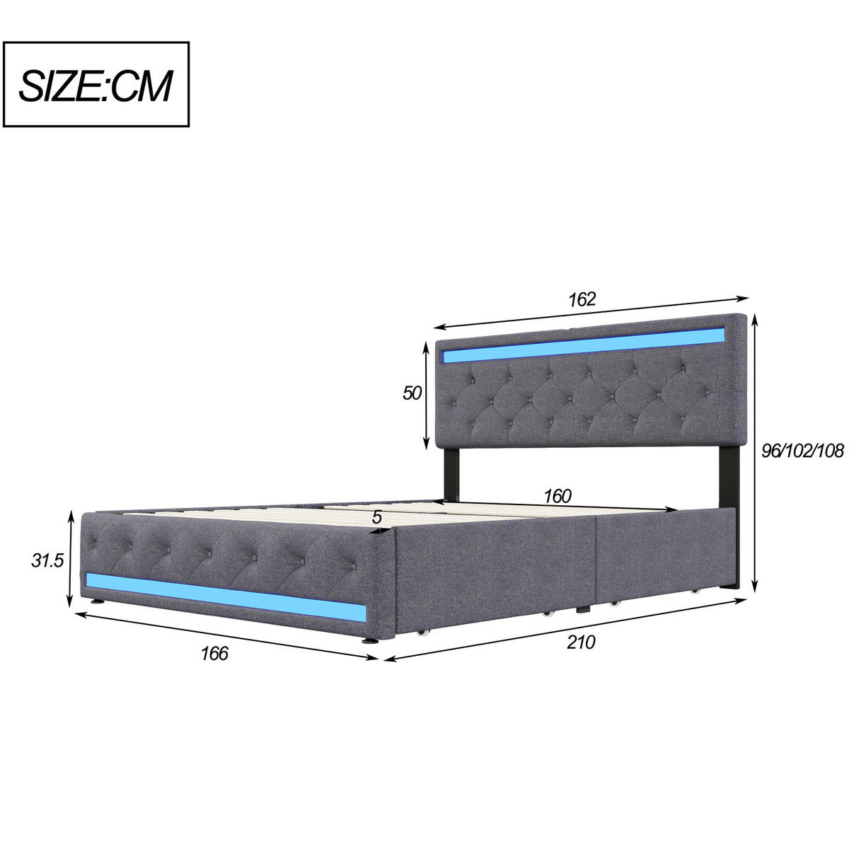 POLSTERBETT 160x200 cm mit LED und USB, Doppelbett mit Lattenrost und Kopfteil, 4 Schubladen, Leinenstoff, Grau - Grau, Textil/Metall (160/200cm) - GENKI LIVING