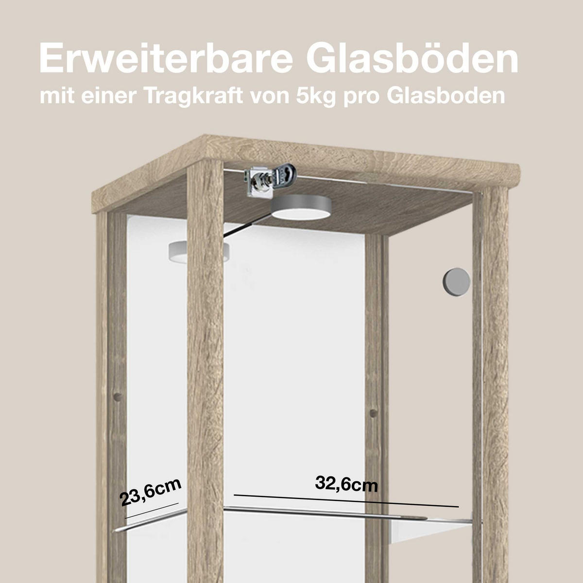 GLASVITRINE 33/37/176 cm mit Spiegel, LED, Schloss & 4 höhenverstellbaren Glasböden - Transparent/Silberfarben, Glas/Holzwerkstoff (37/176/33cm) - K-Möbel