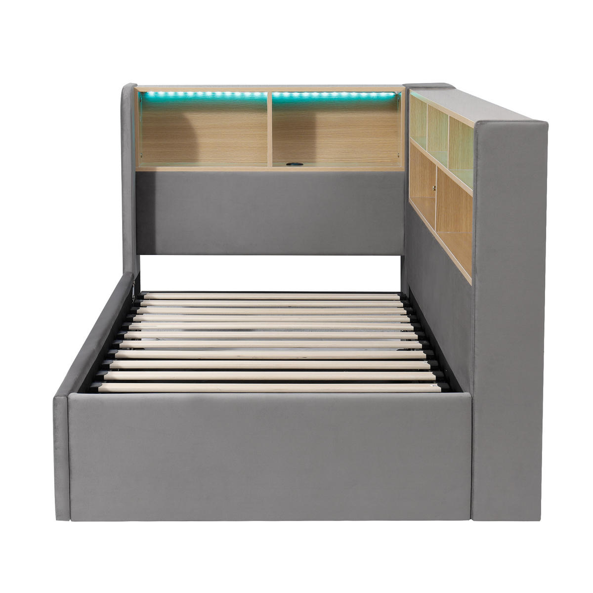 POLSTERBETT 90×200 cm aus Samt-Stoff mit LED-Beleuchtung, USB-Typ-C-Anschluss und Stauraum, grau - Grau, Textil (90/200cm) - Luhomfu