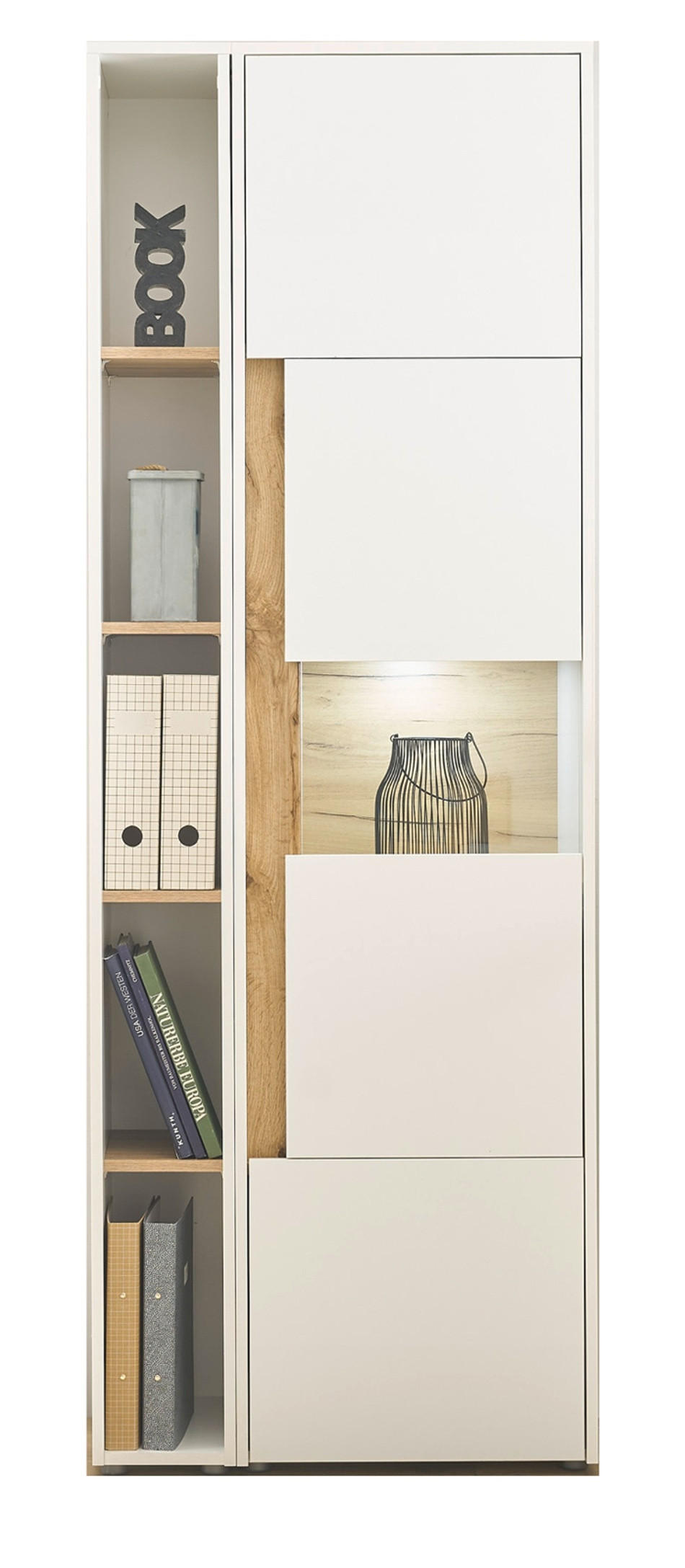 AKTENSCHRANK Set 2-teilig weiß, Eiche Wotan 70 x 200 cm, Regal-Vitrine-Kombination mit 5 Ordnerhöhen - Eichefarben/Silberfarben, Glas/Holzwerkstoff (70/200/40cm) - Furn.Design
