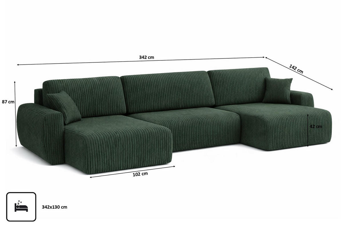 ECKSOFA Mit Schlaffunktion Und Bettkasten U-Form Ariel U, Cordstoff Poso, Grün - Grün, Holz (342/142cm) - Kaiser Möbel