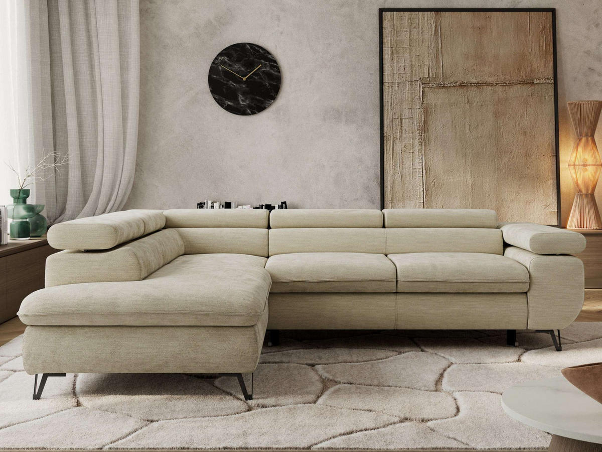 ECKSOFA PABLO L Beige Schenille glatt - Links Seite mit Visco Topper - Beige/Schwarz, Textil/Metall (208/273cm) - MKS