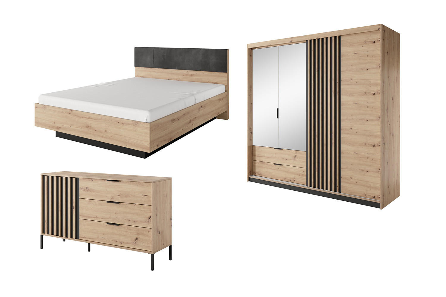 SCHLAFZIMMER-SET Tally Artisan Eiche / anthrazit 5-teilig - Eiche Artisan/Braun, Holz/Holzwerkstoff (160/200cm) - Feldmann-Wohnen