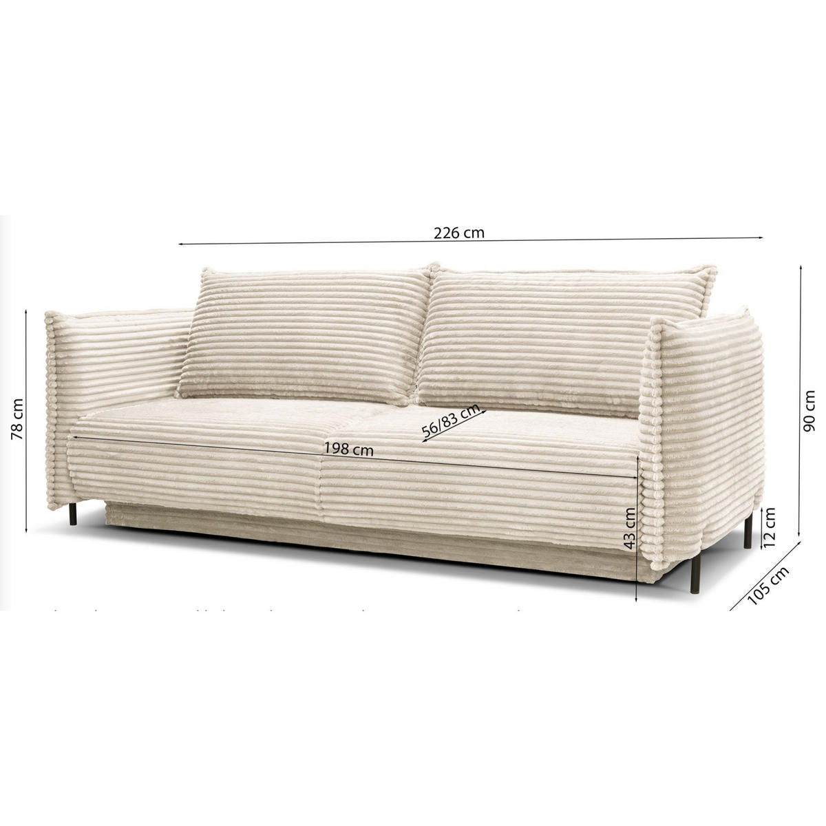 SOFA Amalfi Beige mit Schlaffunktion - Beige/Schwarz, Textil/Metall (226/90/105cm) - Selsey
