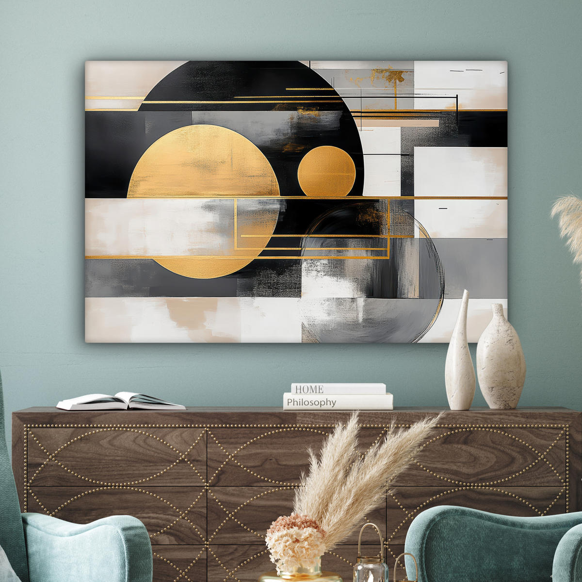 LEINWANDBILD Abstrakt - Gold - Silber - Formen - Ästhetisch - Modern XXL 150x100 cm - Goldfarben, Textil (150/100cm) - MuchoWow