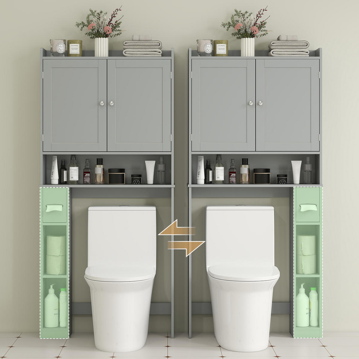 BADEZIMMERREGAL DE-15933 mit Toilettenpapierhalter Grau - Grau, Holzwerkstoff (19.5/170/80cm) - ComfortXL