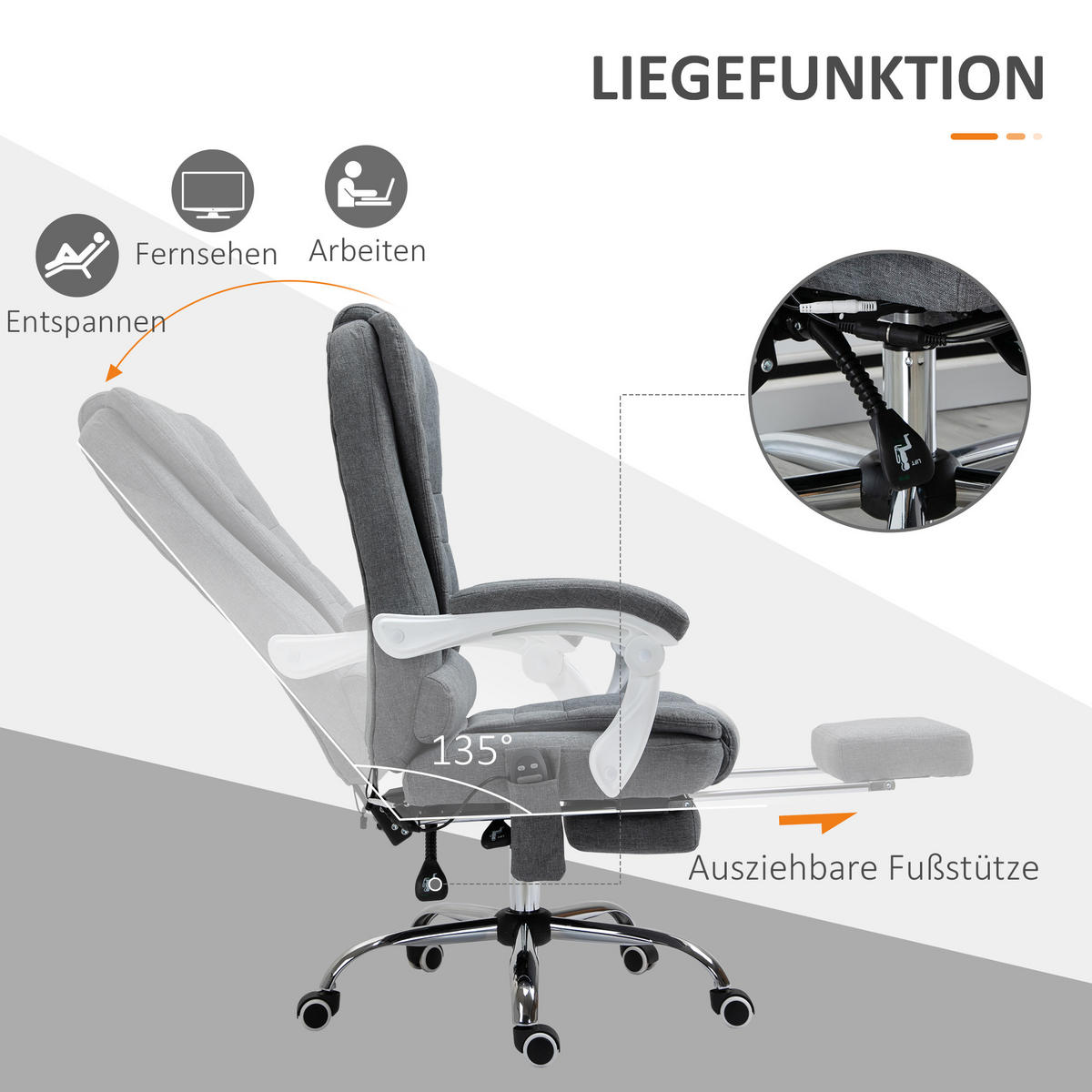 BÜROSTUHL mit Massagefunktion, Ergonomischer Schreibtischstuhl mit Liegefunktion - Silberfarben/Grau, Kunststoff/Textil (70/119/65cm) - Vinsetto