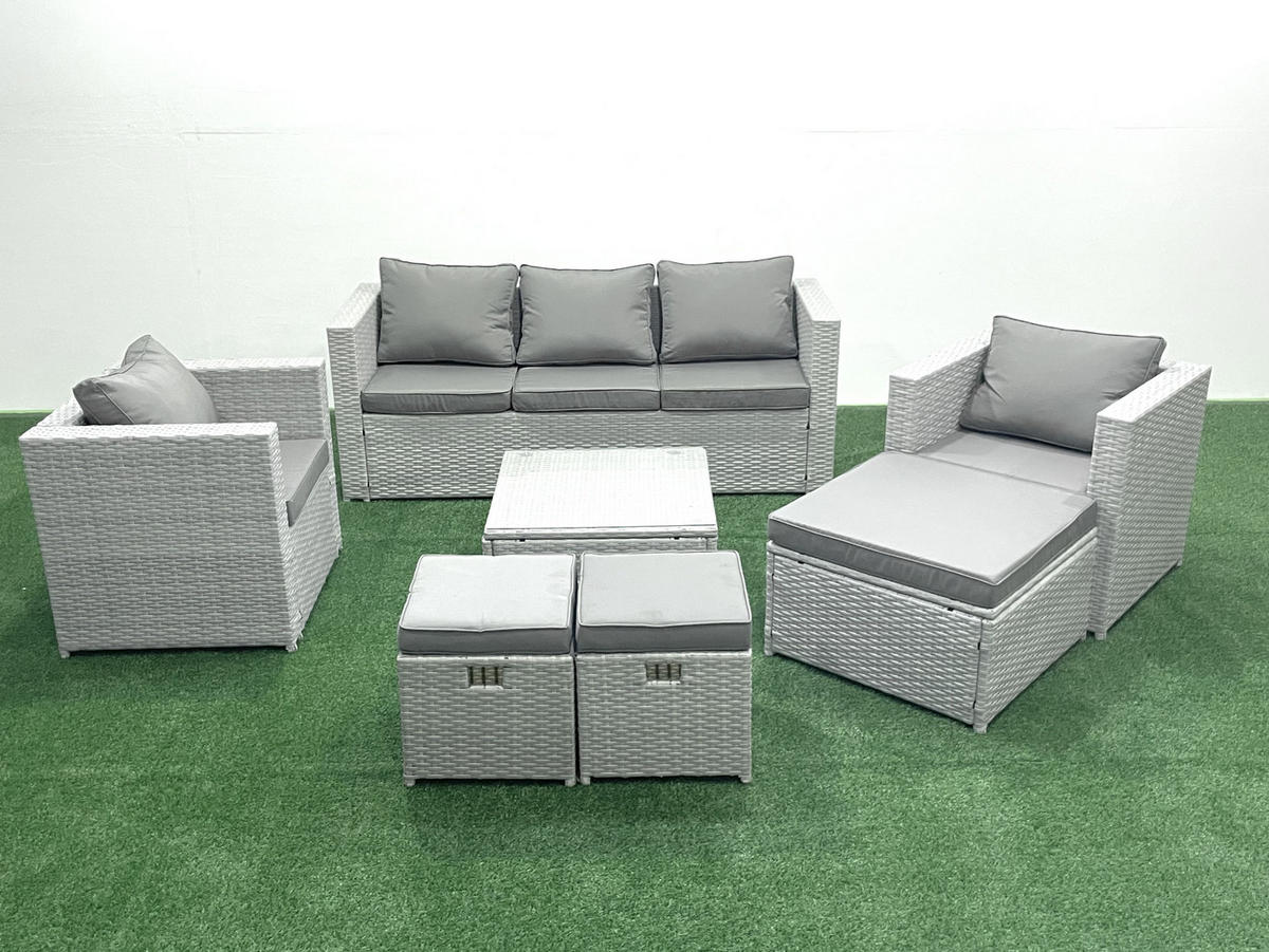 GARTENMÖBEL-SET mit Kissen Polyrattan Hellgrau-Mix 8-Sitzer - Hellgrau/Grau, Glas/Kunststoff - Fimous