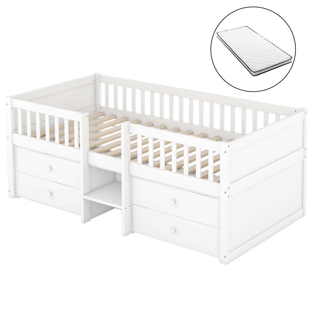 HOCHBETT 90/200 cm weiß mit 4 Schubladen und Sicherheitsgeländer mit Matratze - Weiß, Holzwerkstoff (90/200cm) - OKWISH