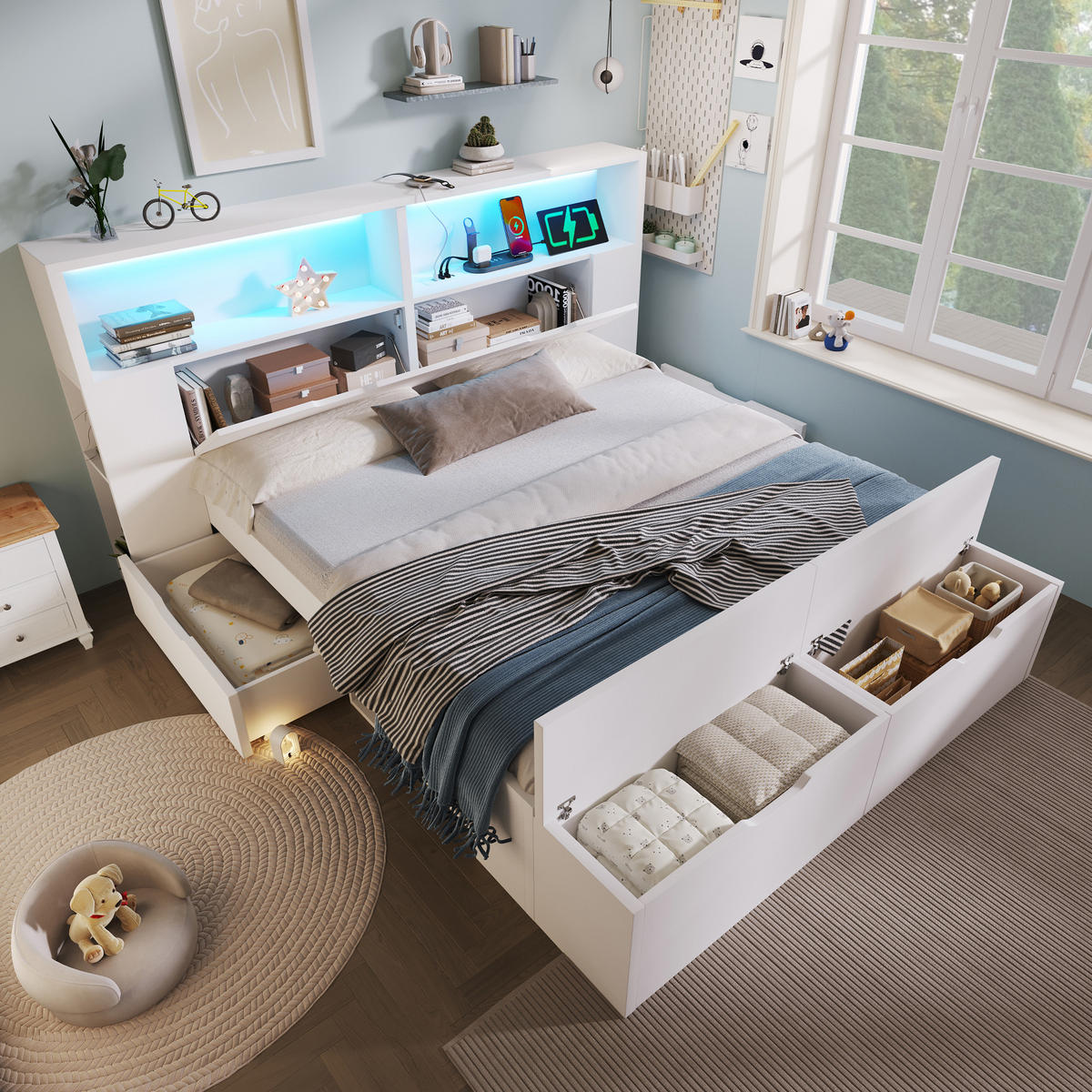 HOLZBETT 140/200 cm mit LED-Beleuchtung, USB-C/USB-Anschlüssen, Stauraum, Bettbank und Schubladen, Weiß - Weiß, Holzwerkstoff (140/200cm) - Redom