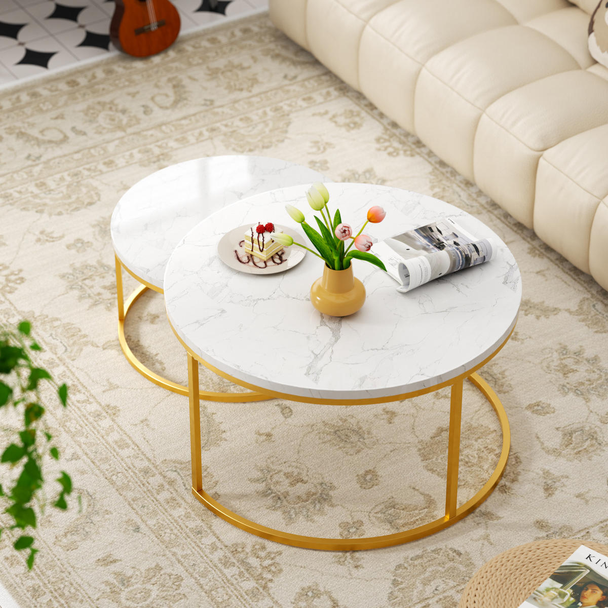 COUCHTISCH in Weiß/Goldfarben Hitzebeständiger Wohnzimmertisch mit Marmor-Optik Platte Sofatisch mit Metallgestell - Goldfarben/Weiß, Holzwerkstoff/Metall (80/80/45cm) - STILVORA