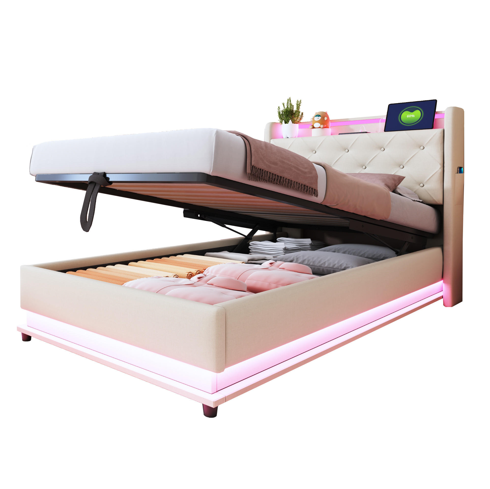 KINDERBETT 90/200 cm Beige mit LED-Beleuchtung USB- und Type-C-Anschlüssen und Hydraulikstauraum - Beige, Textil (90/200cm) - OKWISH