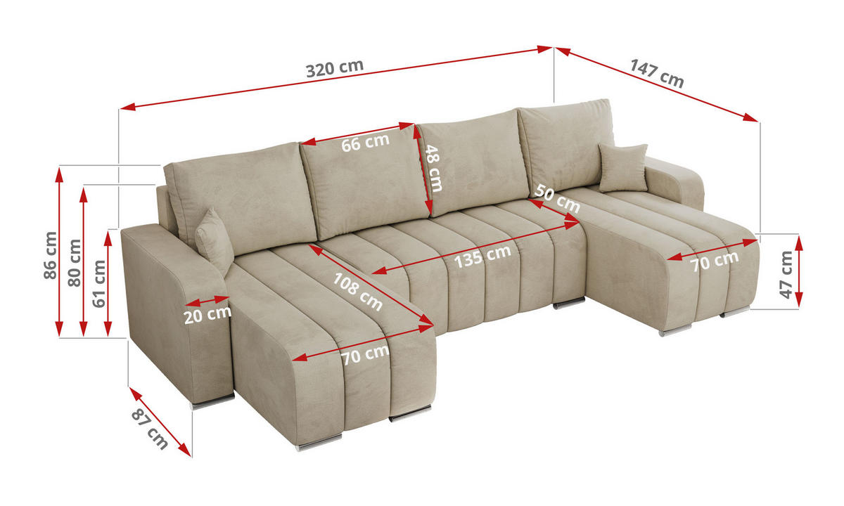 WOHNLANDSCHAFT KIRASSO U Beige Velvet - Beige/Grau, Textil/Metall (320/86/147cm) - MKS