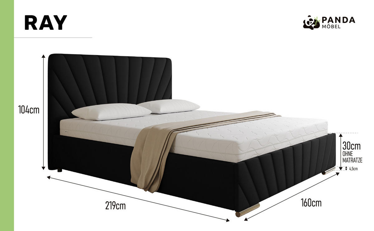POLSTERBETT Ray 160 x 200 cm mit Bettkasten und Lattenrost taschenfederkernmatratze 19cm- schwarz - Schwarz, Holz (160/200cm) - Panda Möbel