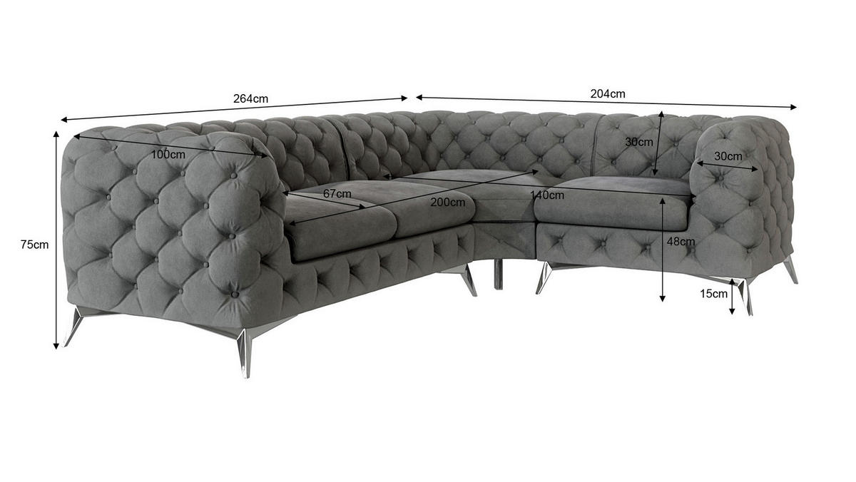 ECKSOFA Chesterfield Laura Grau Samt, Ottomane rechts - Silberfarben/Grau, Holz/Textil (264/204cm) - S-Style Möbel