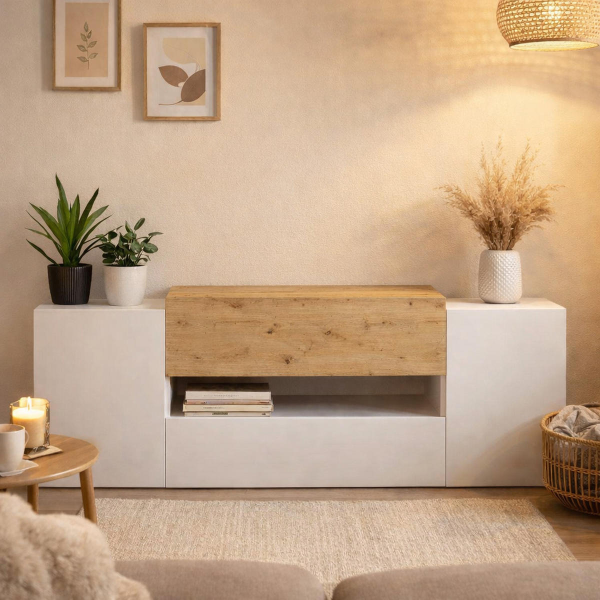 TV-MÖBEL mit 2 Türen und 2 Schubladen, weiß glänzend und Eiche Olpe - L182 cm - Weiß Hochglanz, Holzwerkstoff (33/70/7.7cm) - Calicosy