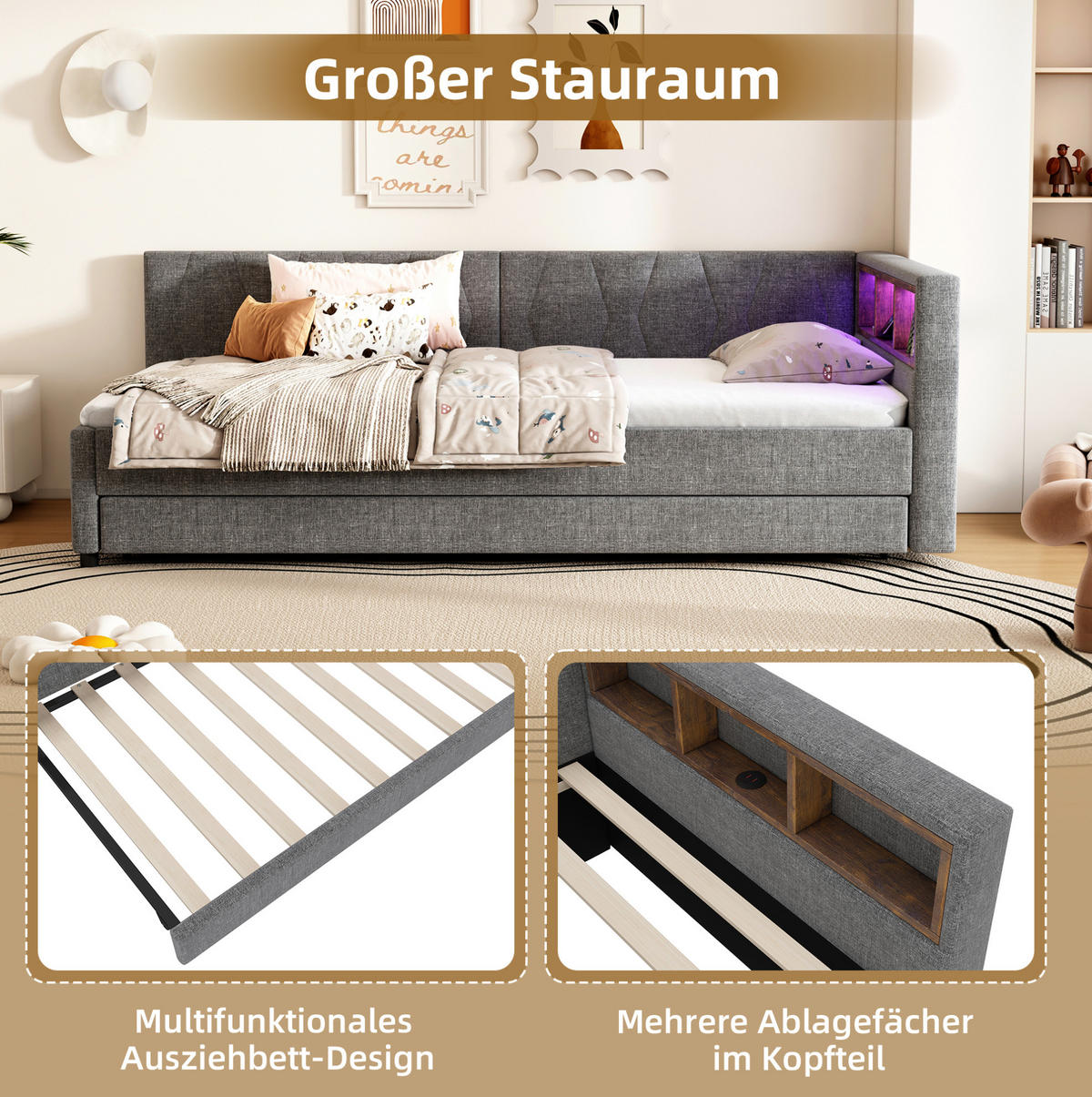 POLSTERBETT 90/200 cm Grau mit LED-Beleuchtung und USB- und Type-C-Anschlüssen - Grau, Textil (90/200cm) - Flora Grace